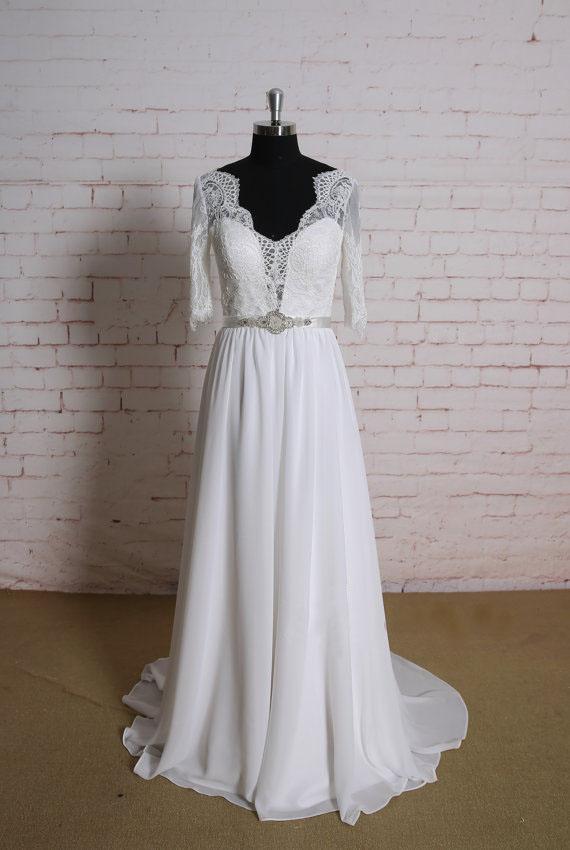 Long Sleeves Lace Cheap Beach Wedding Dresses Online, WD378