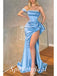 Sexy Satin One Shoulder Sleeveless Side Slit Mermaid Long Prom Dresses With Applique,PD3680