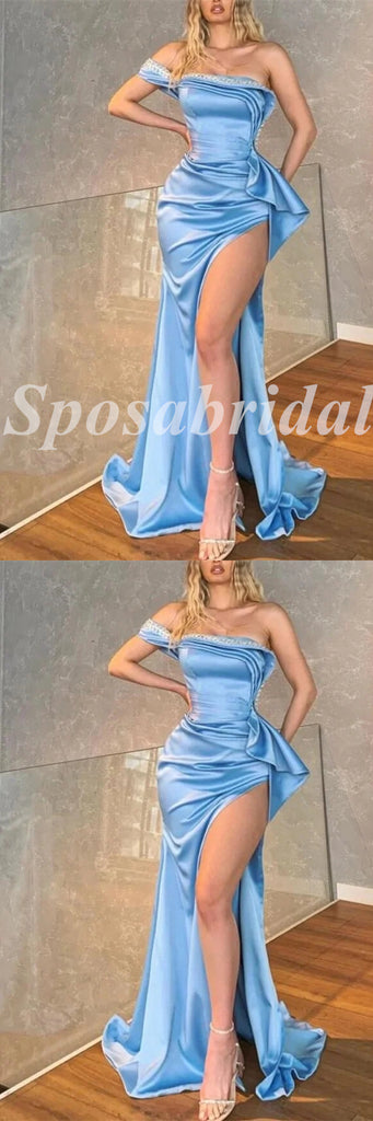 Sexy Satin One Shoulder Sleeveless Side Slit Mermaid Long Prom Dresses With Applique,PD3680