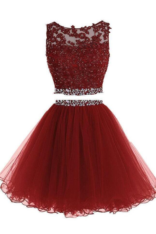 Sexy Two Pieces Burgundy Lace Beaded Short Homecoming Dresses 2018, CM ...