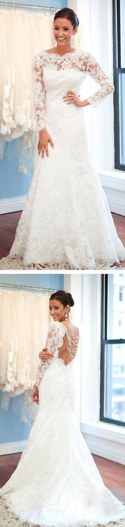 Round Neck Backless White Lace Sexy Mermaid Wedding Party Dresses, Long Sleeve Wedding Gown ,WD0023