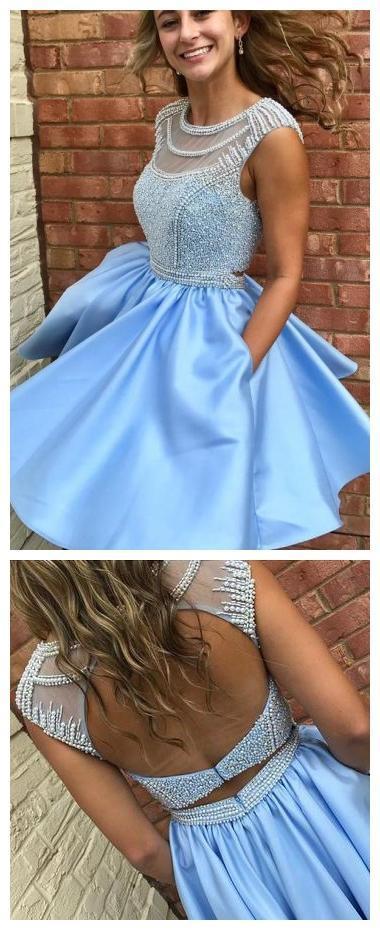 Open Back Blue Cap Sleeve Soop Short Cheap Homecoming Dresses Online, CM564