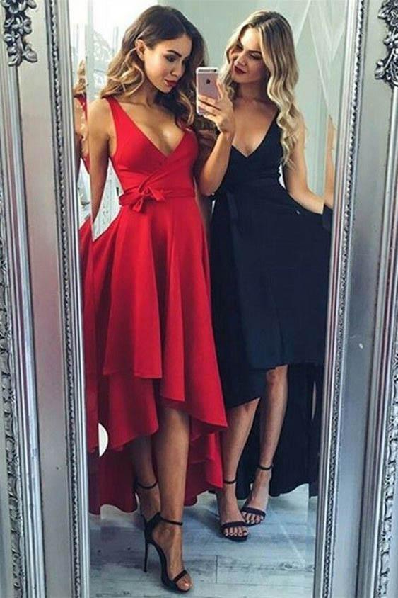 High Low V Neck Simple Cute Red Homecoming Dresses 2018, CM560 SposaBridal High Low V Neck Simple Cute Red Homecoming Dresses 2018, CM560 SposaBridal