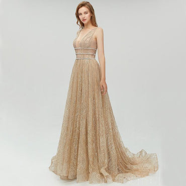 Sexy Sparkly Champagne Gold Elegant Deep V-neck Open Back Prom Dresses, PD0685
