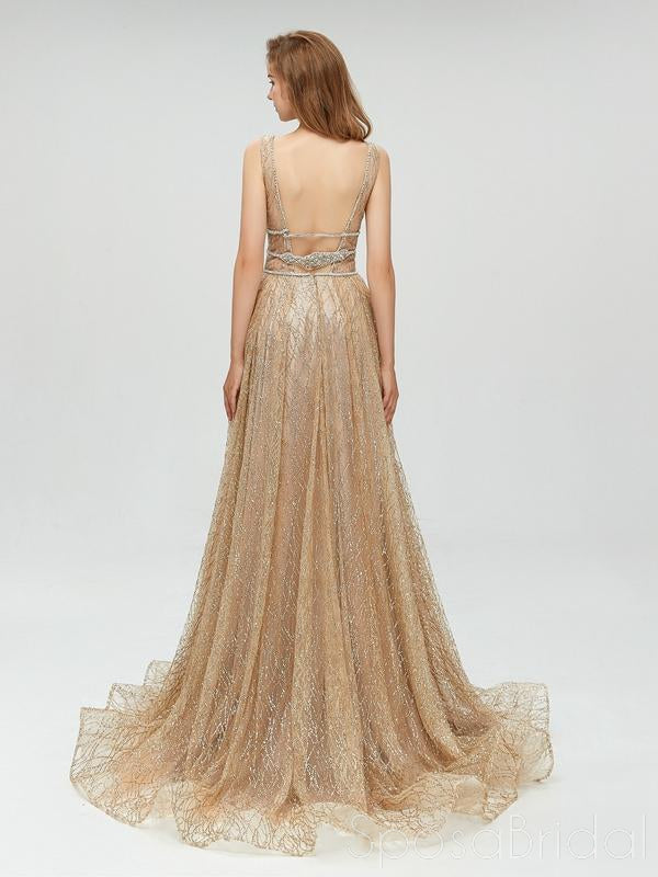 Sexy Sparkly Champagne Gold Elegant Deep V-neck Open Back Prom Dresses SposaBridal Sexy Sparkly Champagne Gold Elegant Deep V-neck Open Back Prom Dresses SposaBridal