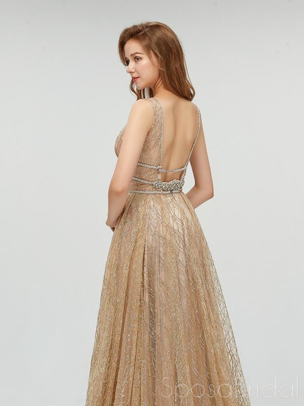 Sexy Sparkly Champagne Gold Elegant Deep V-neck Open Back Prom Dresses SposaBridal Sexy Sparkly Champagne Gold Elegant Deep V-neck Open Back Prom Dresses SposaBridal