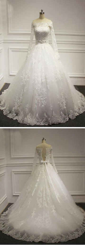 Straight Neck Long Sleeve White Lace Beaded Wedding Party Dresses, WD0 ...