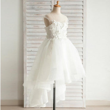 Fashion Hi-low Lovely Appliques Cap Sleeve  Open Back See-through Tulle Flower Girl Dresses, FGS029