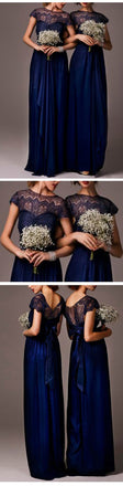 Impressive Discount Cap Sleeve  Lace Elegant Royal Blue Long Bridesmaid Dresses, WG030