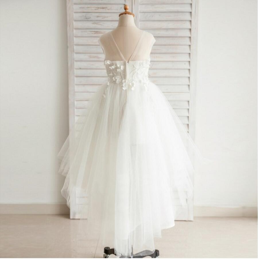 Fashion Hi-low Lovely Appliques Cap Sleeve  Open Back See-through Tulle Flower Girl Dresses, FGS029