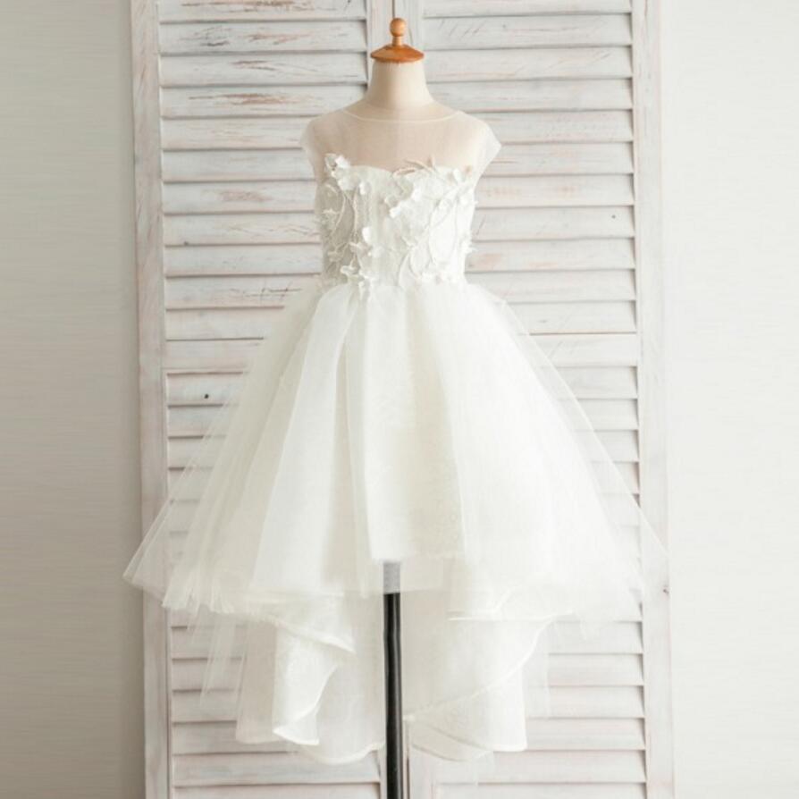 Fashion Hi-low Lovely Appliques Cap Sleeve  Open Back See-through Tulle Flower Girl Dresses, FGS029