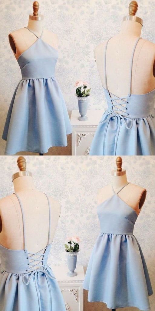 Junior Simple New Blue Halter Homecoming Dress, Short Custom Prom Dresses, PD0351