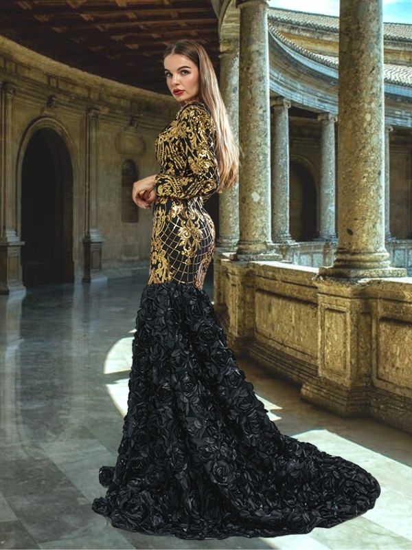 Luxurious Long Sleeves V-neck Gold Lace Black-rose Trumpet Mermaid Lon SposaBridal Luxurious Long Sleeves V-neck Gold Lace Black-rose Trumpet Mermaid Lon SposaBridal