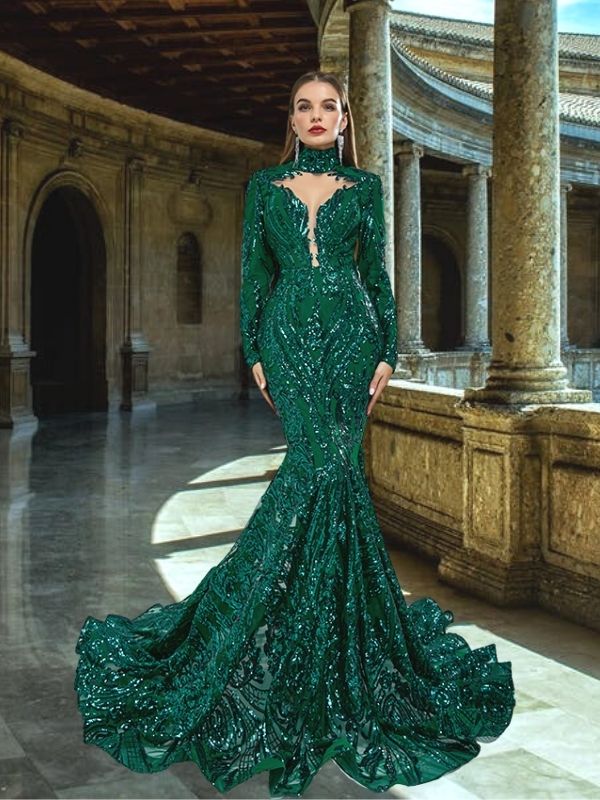 Luxurious Emerald High-neck Long Sleeves Sequin Lace Mermaid Long Prom SposaBridal Luxurious Emerald High-neck Long Sleeves Sequin Lace Mermaid Long Prom SposaBridal