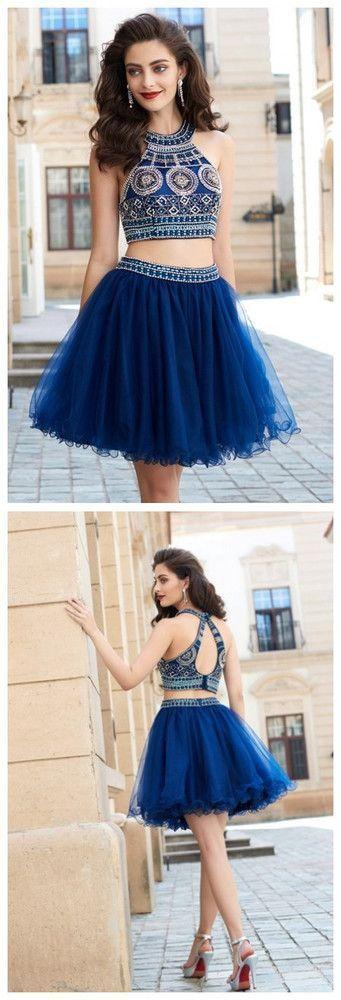 Two Pieces Halter Beading Homecoming Dresses,Sparkly Cocktail Dresses ...