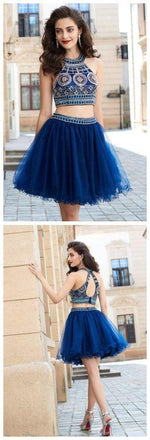 2 Pieces Halter Beading Homecoming Dresses,Sparkly Cocktail Dresses,Pretty Graduation Dresses, BD0225 - SposaBridal