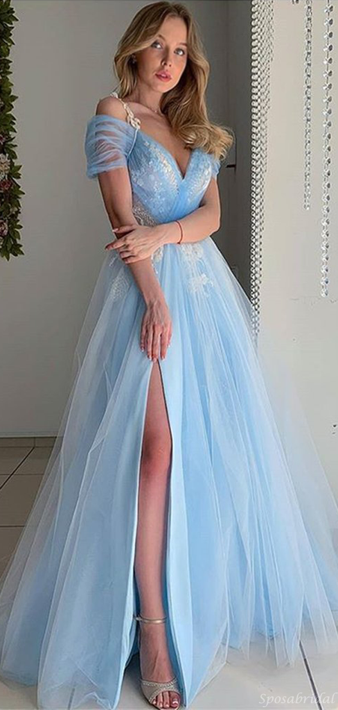 Blue Off-shoulder V-Neck Side-slit A-line Tulle Long Prom Dresses, PD2394