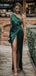 Mermaid One Shoulder Side Slit Simple Eramald Green Long Prom Dresses, PD2320