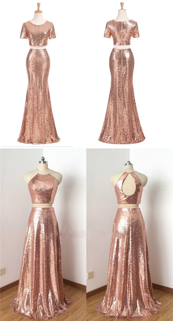 Charming Rose Gold Sequin Two Pieces Long Popular Fashion Prom Dress, SposaBridal Charming Rose Gold Sequin Two Pieces Long Popular Fashion Prom Dress, SposaBridal