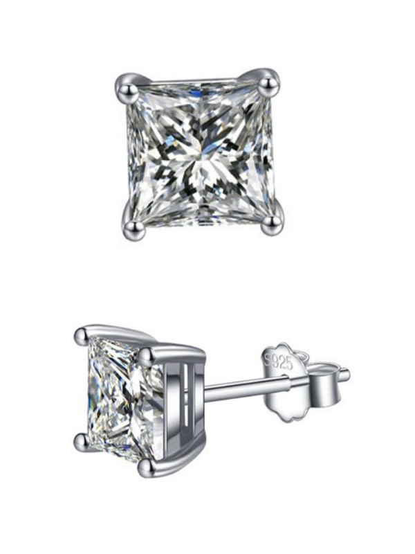 Platinum Plated Sterling Silver Cushion Cut Cubic Zirconia Stud Earrings, GIFT03