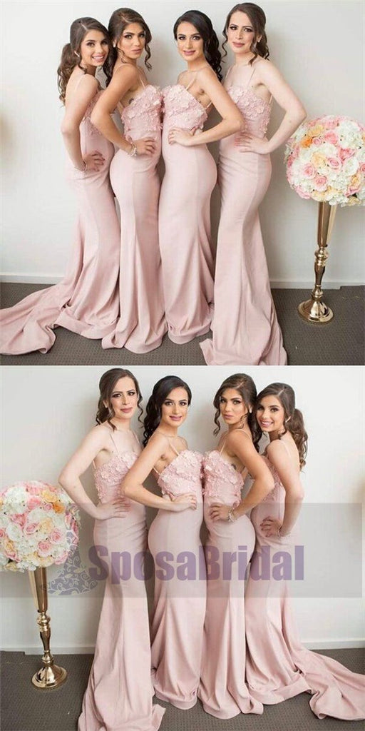 Spaghetti Straps Pink Mermaid Bridesmaid Dresses, Most Popular Prom Dresses, PD0473