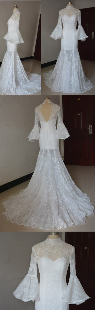 Long Sleeves High Neck  Lace Unique Stunning Glamorous Wedding Dress, Bridals Dress, WD0255