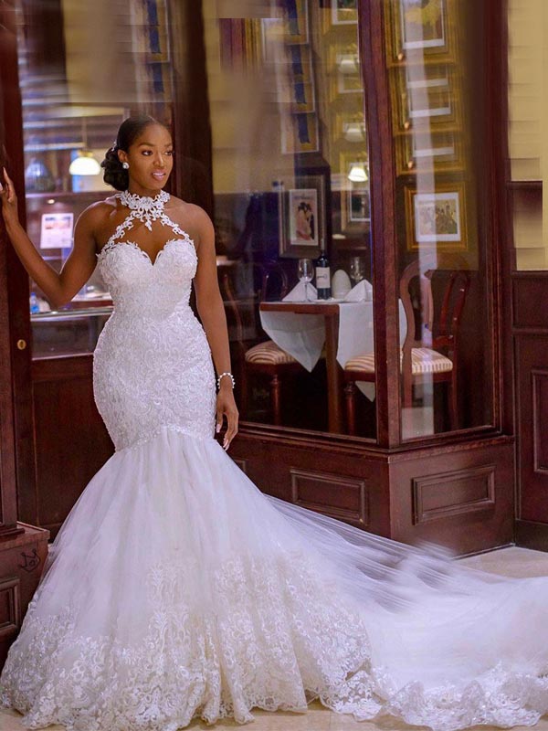 Sexy Luxury Halter Lace Sweetheart Mermaid With Long Train Wedding Dre SposaBridal Sexy Luxury Halter Lace Sweetheart Mermaid With Long Train Wedding Dre SposaBridal