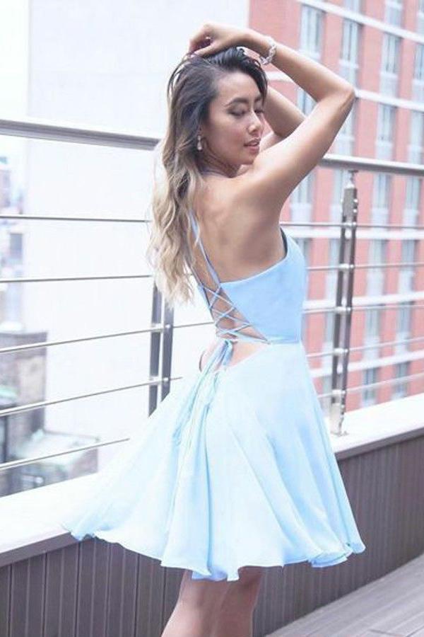 Sexy Casual Chiffon Blue Spaghetti Straps Short Cheap Homecoming Dress SposaBridal Sexy Casual Chiffon Blue Spaghetti Straps Short Cheap Homecoming Dress SposaBridal