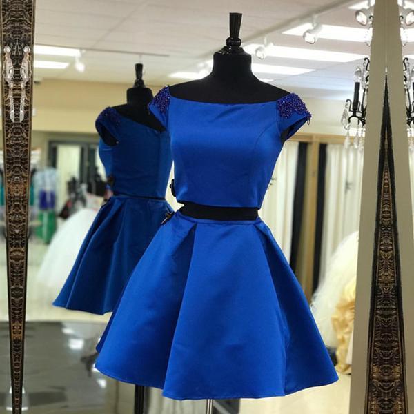 Simple Cute Two Piece Cap Sleeve Blue Homecoming Dresses 2018, CM471