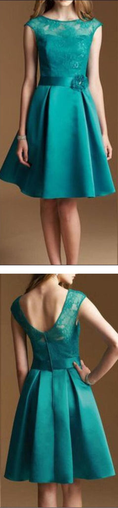 Junior Cap Sleeve Lace Top Satin Teal Green Knee-Length Inexpensive Bridesmaid Dress, WG37