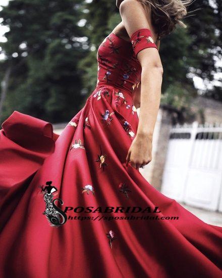 A-line Red Off Shoulder Beautiful Flower Appliques Prom Dresses, Fashion dress for woman, PD0475 - SposaBridal