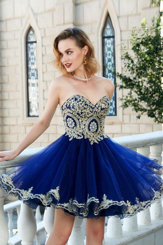 Sweetheart Gold Lace Beaded Blue Short Cheap Homecoming Dresses Online SposaBridal Sweetheart Gold Lace Beaded Blue Short Cheap Homecoming Dresses Online SposaBridal