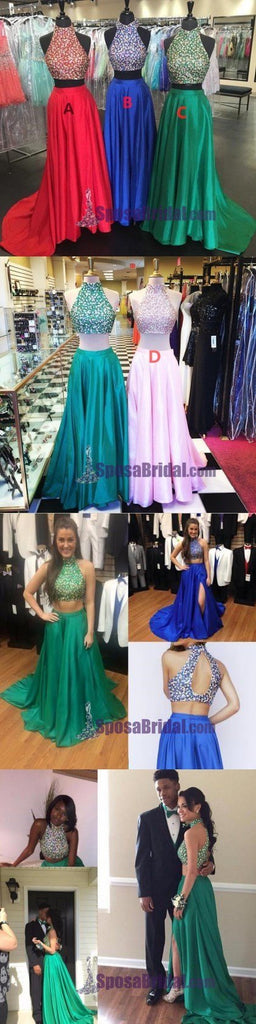 Gorgeous beading High Neck Sparkly Red Blue Green Sparkly Shining Prom Dresses, PD0625