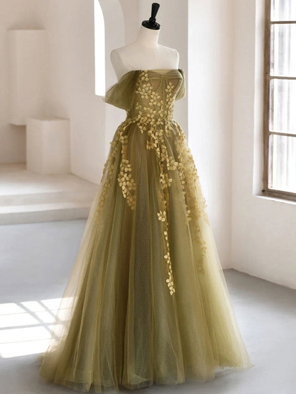Elegant Off-shoulder Olive Green With Yellow Lace A-line Long Prom Dre SposaBridal Elegant Off-shoulder Olive Green With Yellow Lace A-line Long Prom Dre SposaBridal