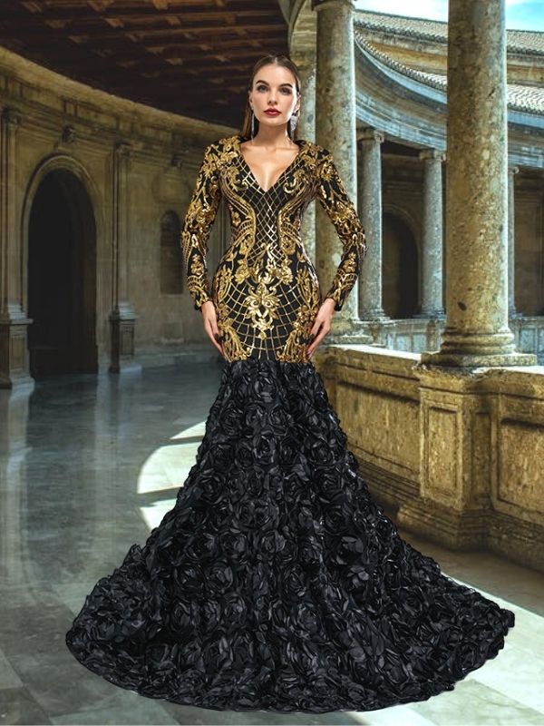 Prom Dresses Black And Gold Sequin Dress Long Sleeve Black And