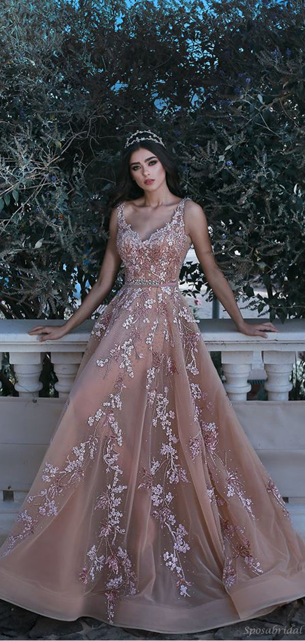 Charming Rose Champagne Floral Applique Sleeveless A-line Long Prom Dr – SposaBridal
