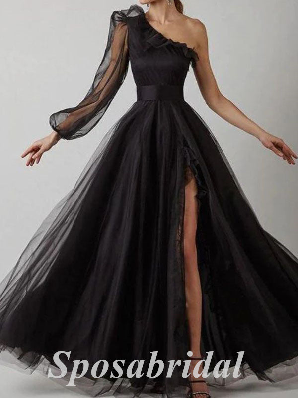 Sexy Tulle One Shoulder Long Sleeves Side Slit A-Line Long Prom Dresses,PD3695