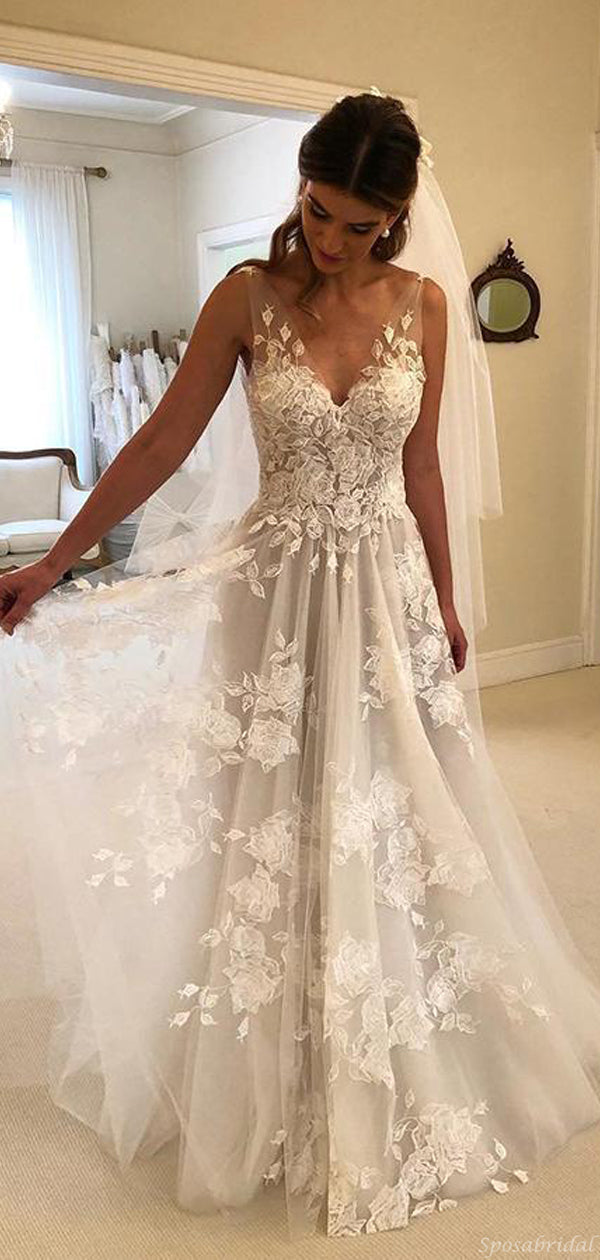 dillards beach wedding dresses A Line Sweetheart Tulle Lace Appliqued Beach Wedding Dresses for Bride Hebebridal