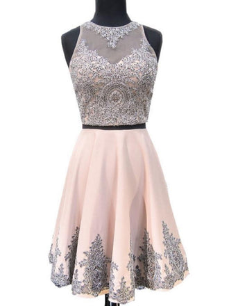 2 Pieces Halter Dusty Pink Short Cheap Homecoming Dresses 2018, CM421 - SposaBridal
