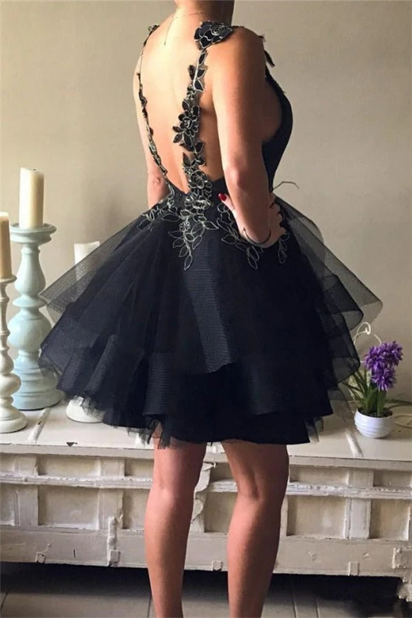 Black Applique Spaghetti Strap V-neck Short Prom Party Dress, Homecomi SposaBridal Black Applique Spaghetti Strap V-neck Short Prom Party Dress, Homecomi SposaBridal