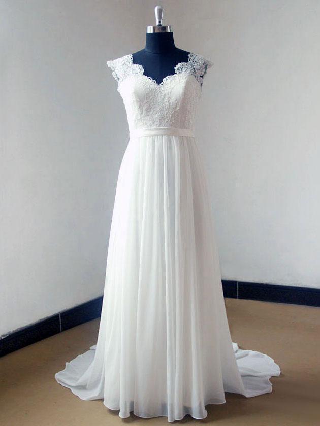 Cap Sleeve V Neck Lace Simple Cheap Beach Wedding Dresses, WD321 - SposaBridal