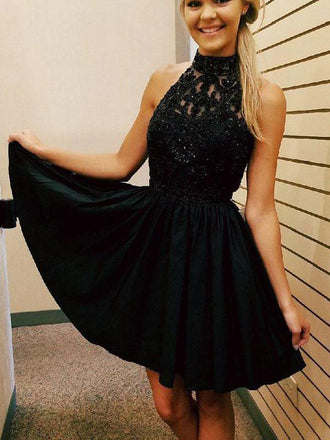 Cheap Short Lace Beaded Halter Black Homecoming Dresses 2018, CM481 - SposaBridal
