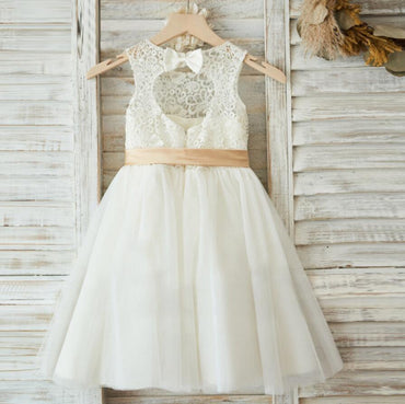 Ivory Cute Lace Tulle Flower Girl Dresses, V-back Cap Sleeve Little Girl Dresses, FG054