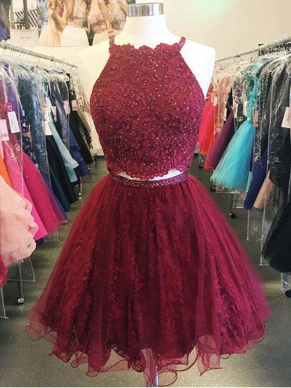 Two Piece Cheap Short Lace Beaded Dark Red Homecoming Dresses 2018, CM SposaBridal Two Piece Cheap Short Lace Beaded Dark Red Homecoming Dresses 2018, CM SposaBridal