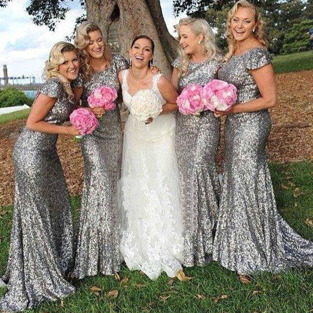 Sparkly Popular Cheap Short Sleeve Bling Silver Sequin Sexy Mermaid Long Bridesmaid dresses, WG46