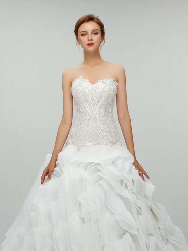 Modest Strapless Lace Top Ruffles New Off the Shoulder Wedding Dresses SposaBridal Modest Strapless Lace Top Ruffles New Off the Shoulder Wedding Dresses SposaBridal