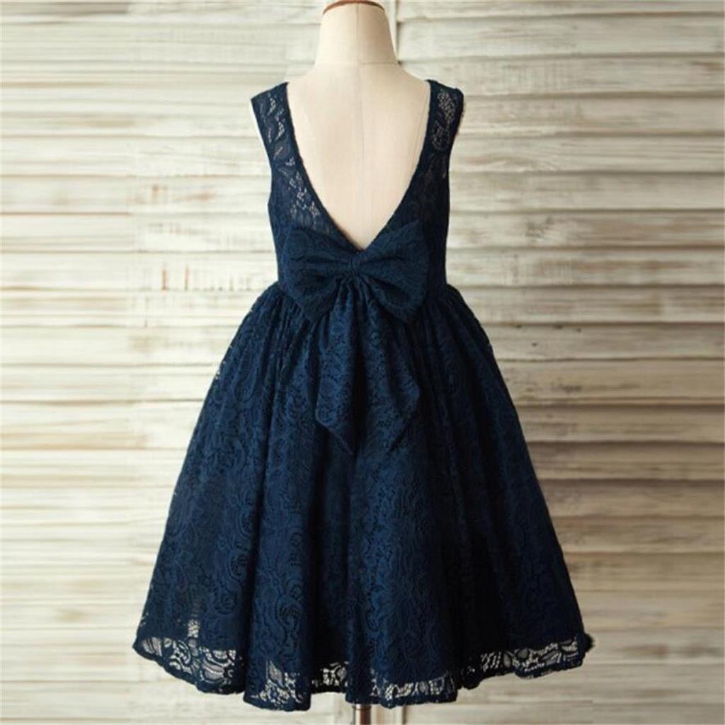 Navy Blue Lace Lovely Cute Flower Girl Dresses with bow , Junior Bridesmaid Dresses, FG084