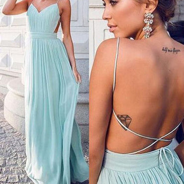 Cheap Simple Chiffon Open Back Cheap Tiffany Blue Prom Dress, Sexy Long Wedding Party Dresses, WG50 - SposaBridal