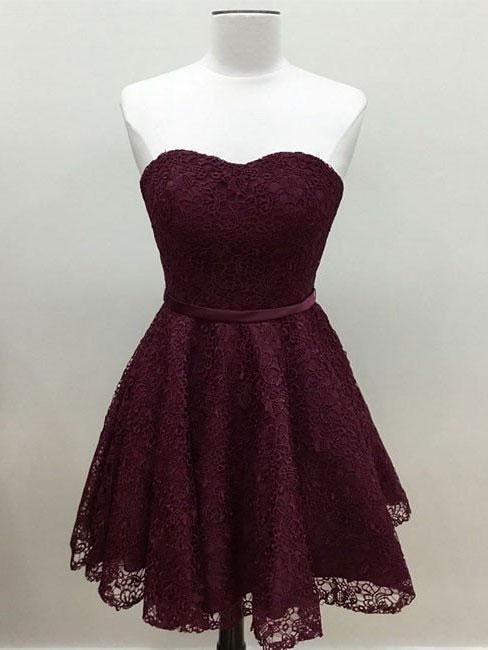Sweetheart Cute Simpe Maroon Short Lace Homecoming Dresses, CM491