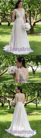 Long V Back Tulle and Lace A-line Simple Soft Affordable Wedding Dresses, beach wedding dresses,  PD0559
